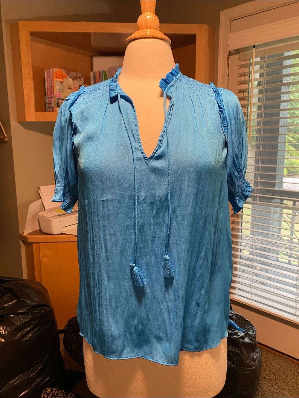 Women's Light Blue Ruffle V-Neck Tassel Tie Blouse
